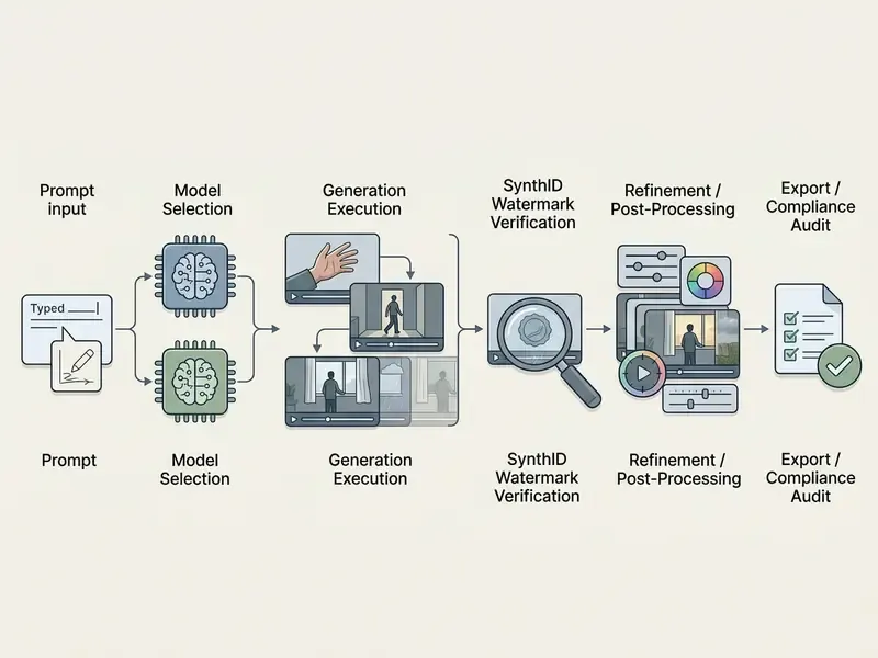 Step by step workflow from prompt input through model selection, generation, verification, and final audit