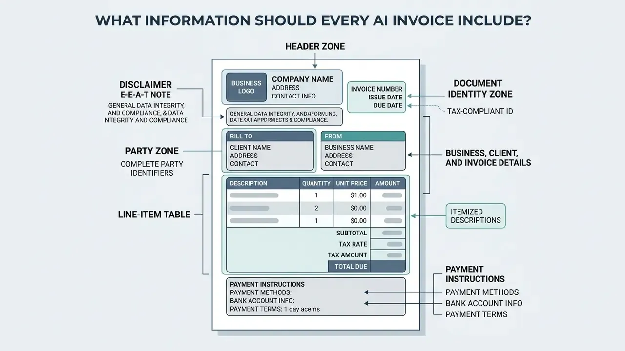 Labeled breakdown of a standard invoice layout highlighting essential fields for legal compliance
