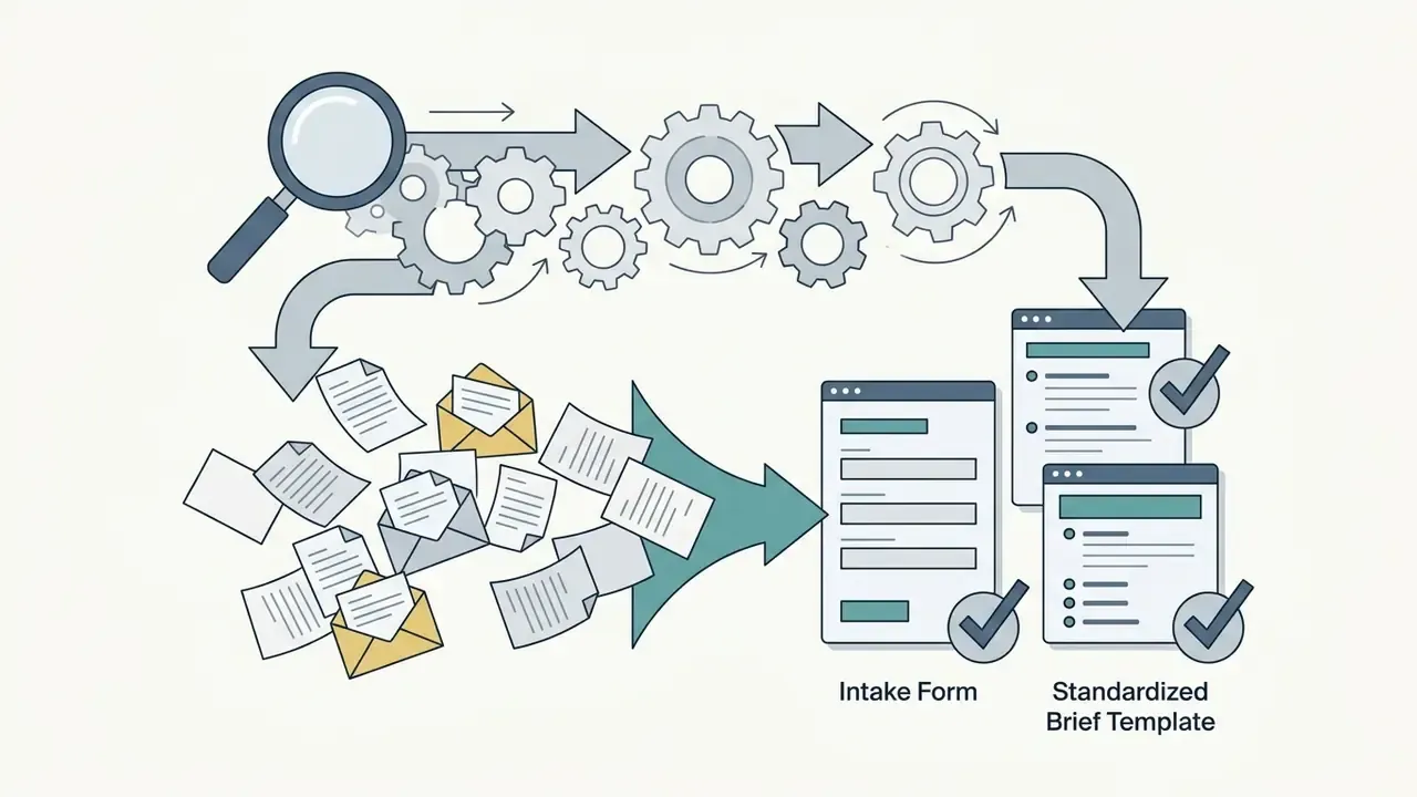 Magnifying glass and gears funneling scattered emails and documents into structured intake forms
