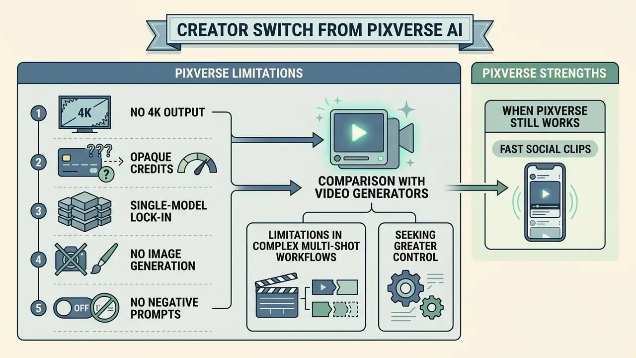 Infographic comparing PixVerse limitations against video generator workflows and social media use cases