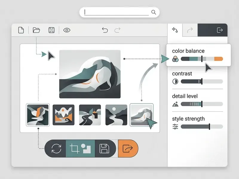Annotated interface showing sliders for adjusting color balance and contrast in an AI image editor
