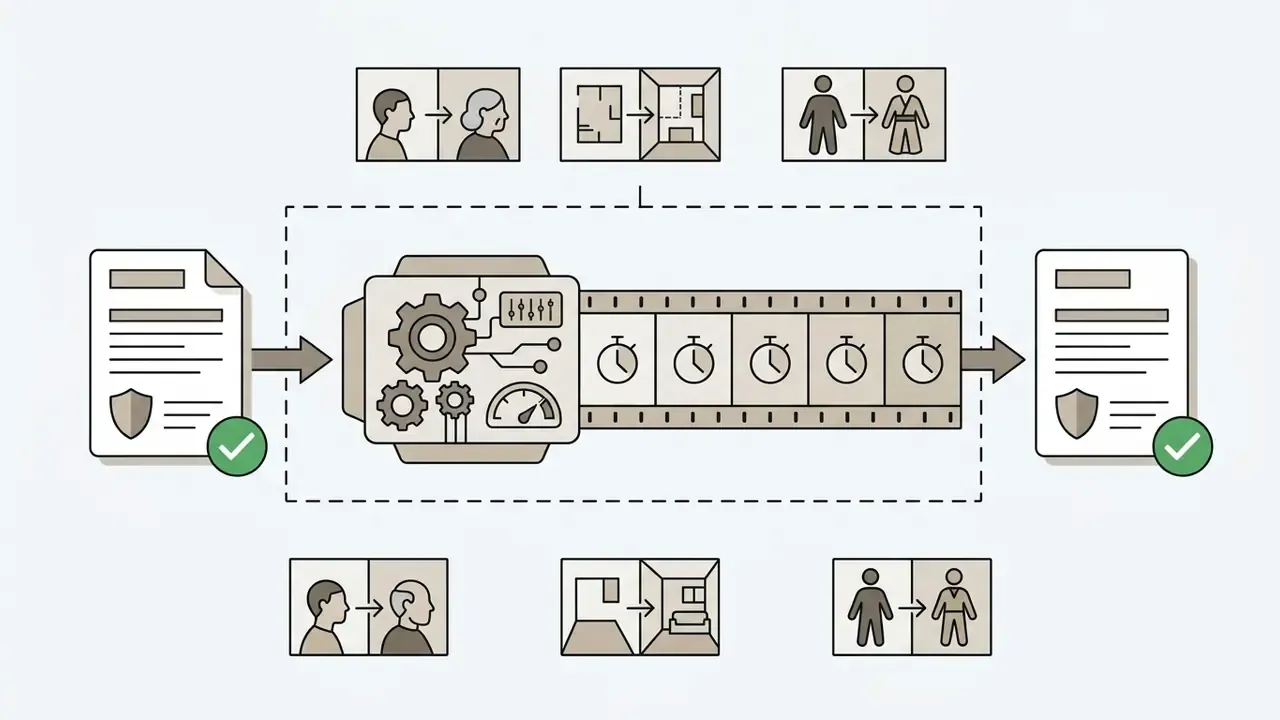 Document inputs processed into a timed film strip with examples of age and environment transitions