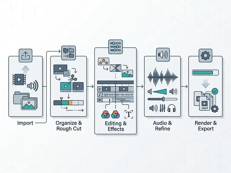 Five-stage linear workflow diagram showing video import, organization, editing, audio refinement, and export