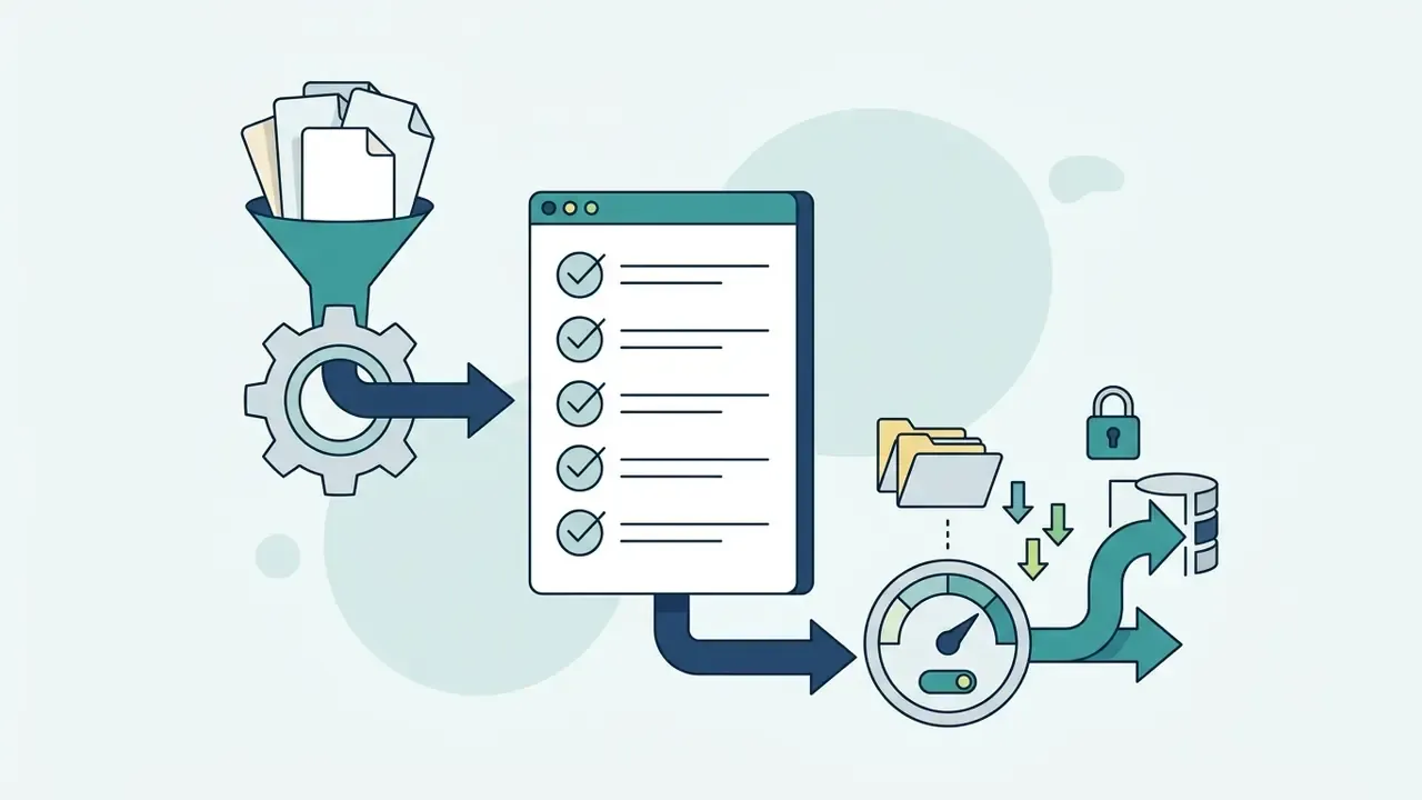 Documents passing through a funnel and gear into a checklist leading to a gauge and file export icons