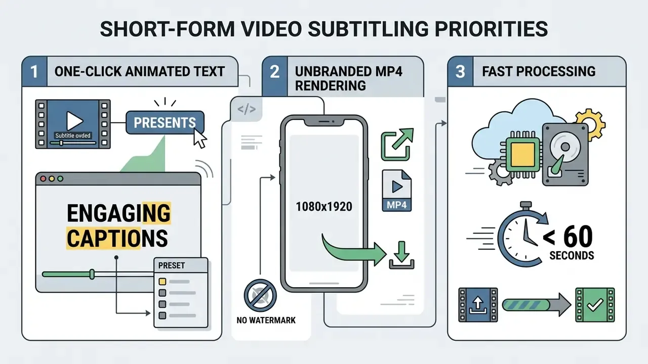 Three-step workflow for animated text, unbranded MP4 rendering, and fast processing of video subtitles