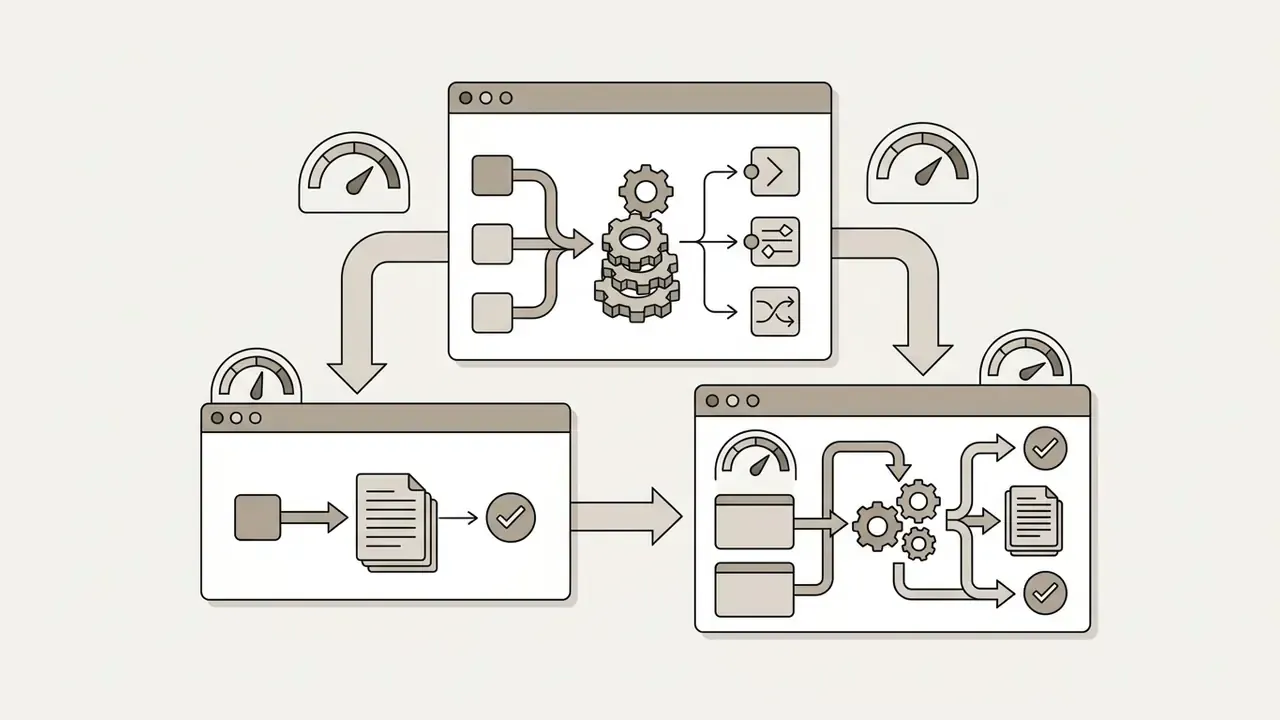 Software windows with gears and gauges process data into validated documents and task status indicators