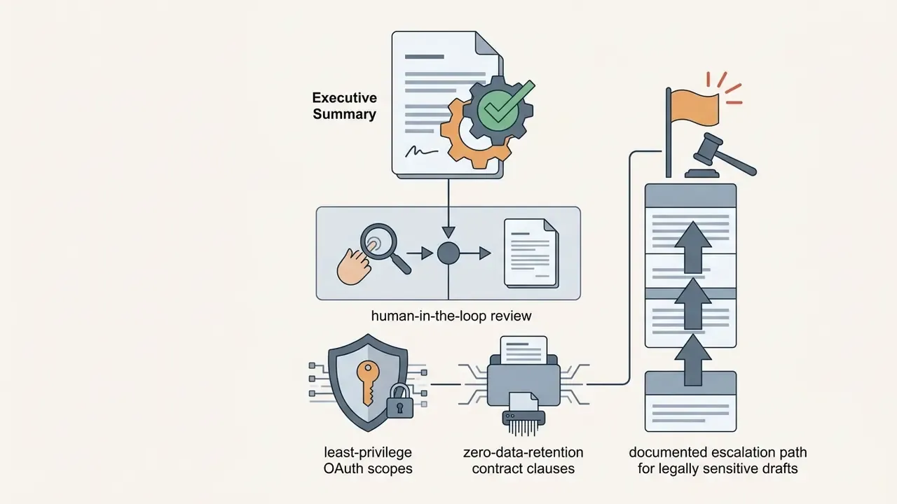 Icons representing human review, security access, data retention policies, and a legal escalation path