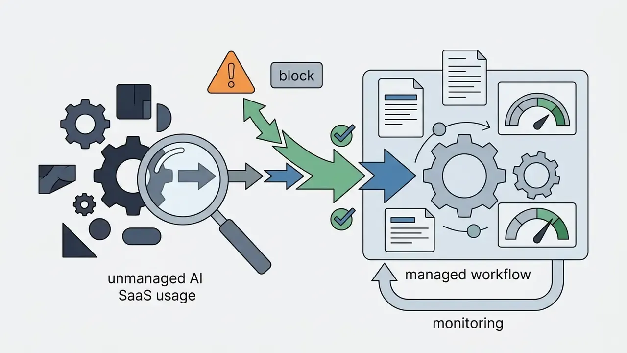 Magnifying glass analyzing unmanaged SaaS usage and rerouting it into a managed monitoring workflow