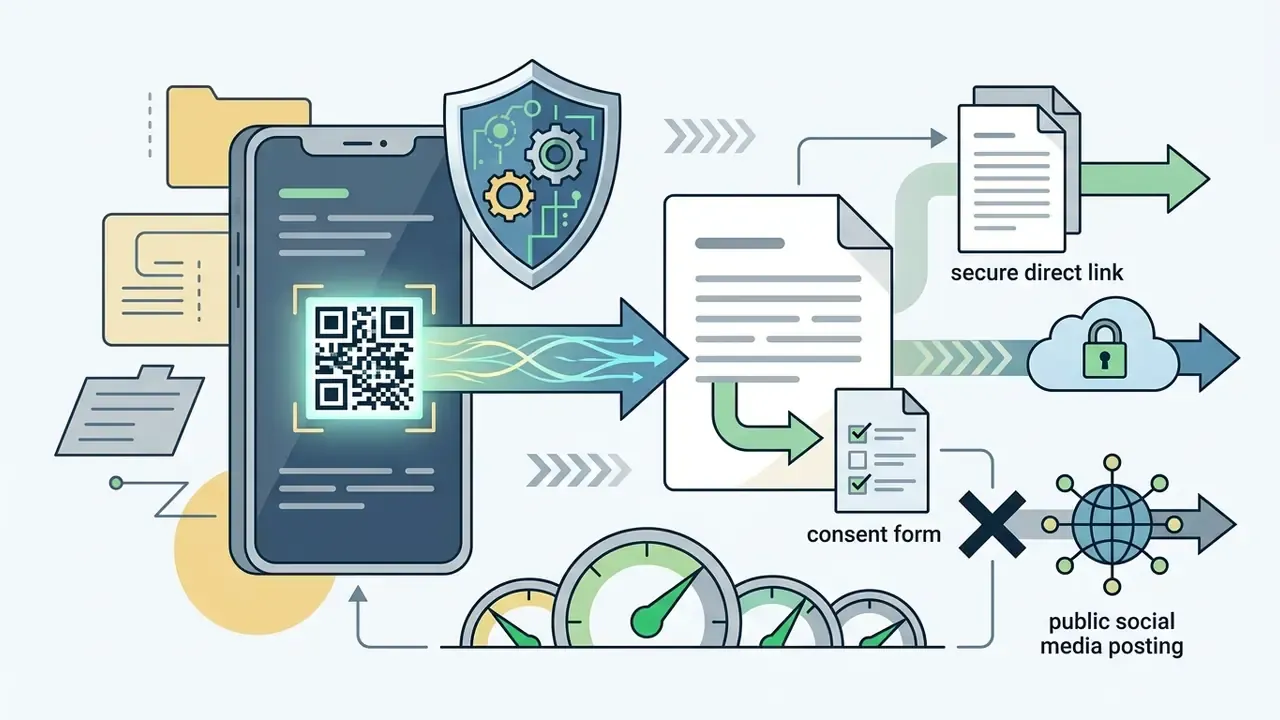 Smartphone scanning a QR code to generate a consent form for secure sharing instead of public posting