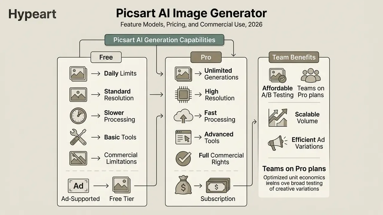 Comparison chart outlining Free and Pro subscription tiers and team benefits for AI image generation