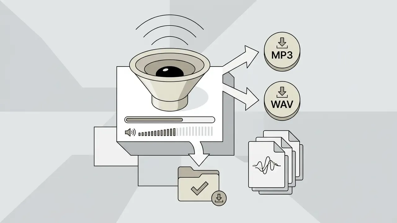 Speaker icon emitting sound waves with arrows pointing toward MP3 and WAV file download buttons