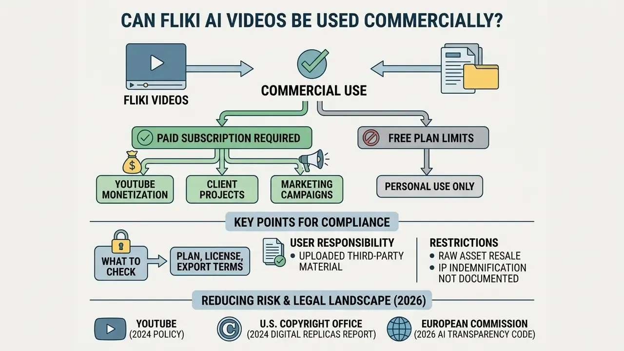 Flowchart outlining commercial usage policies, subscription requirements, and legal compliance for Fliki AI