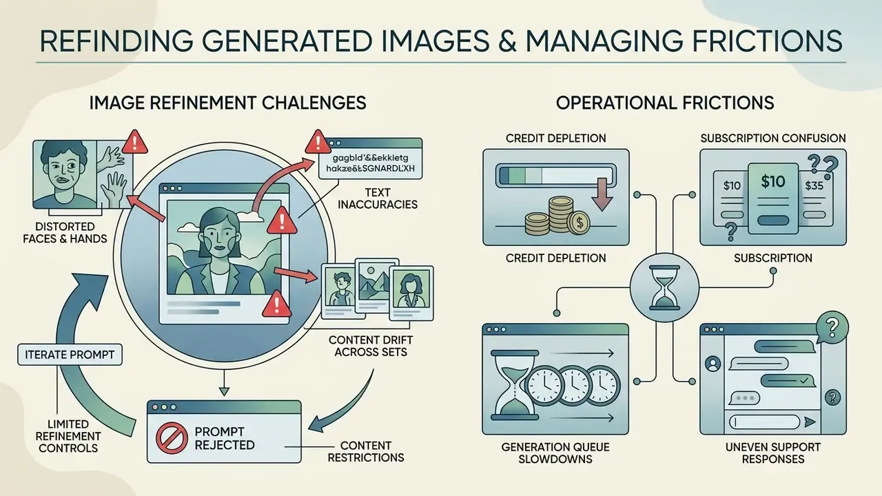 Infographic showing common user challenges like distorted images, credit depletion, and support delays