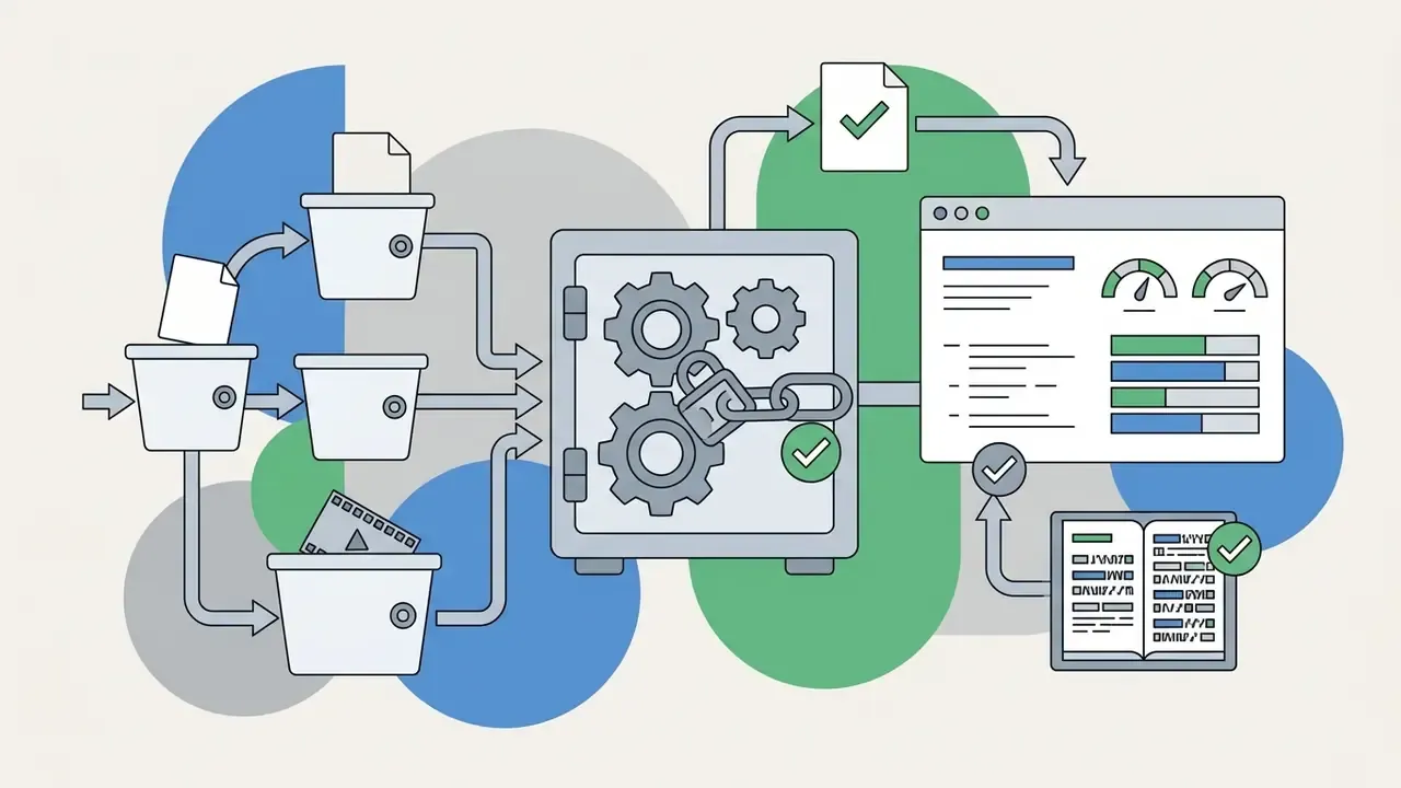 Files and video data flowing into a secure vault for processing and compliance verification