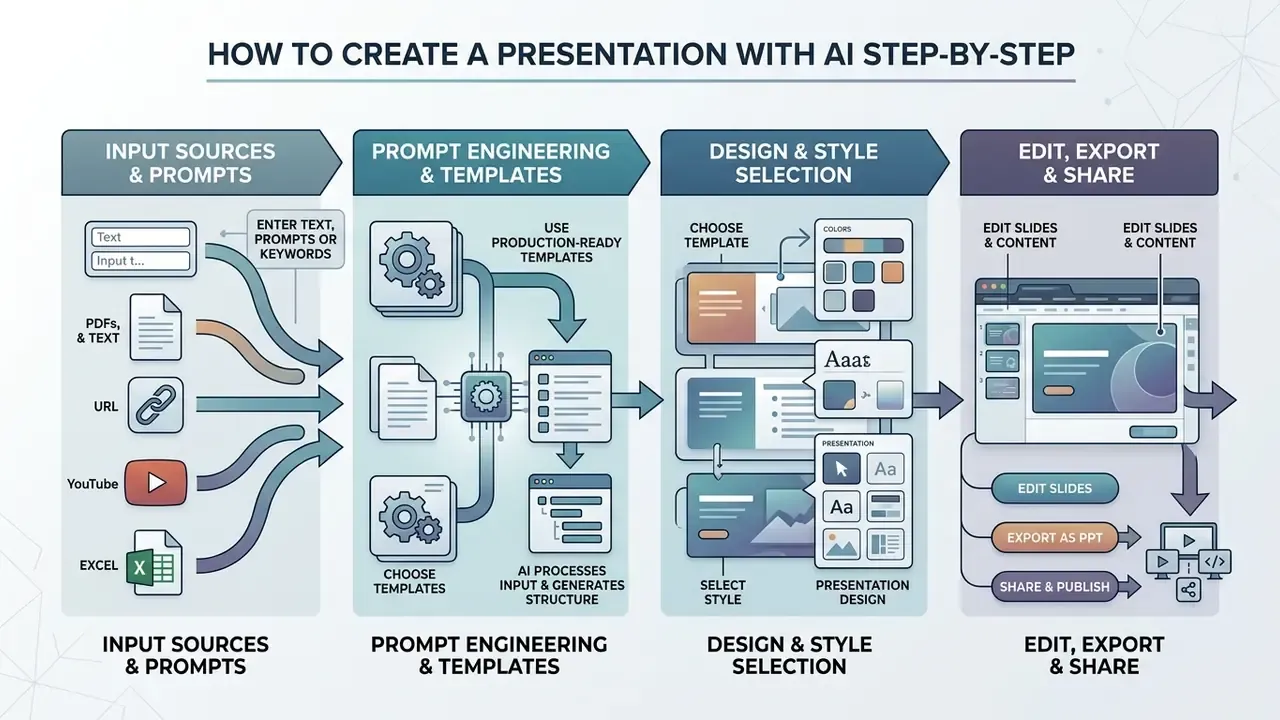 Four-stage infographic outlining the process of using a free AI presentation maker to create slides