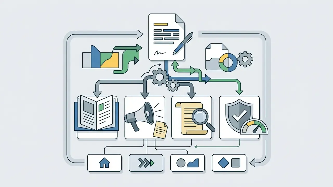 Central document being processed into various media, research, and compliance icons through gear mechanisms