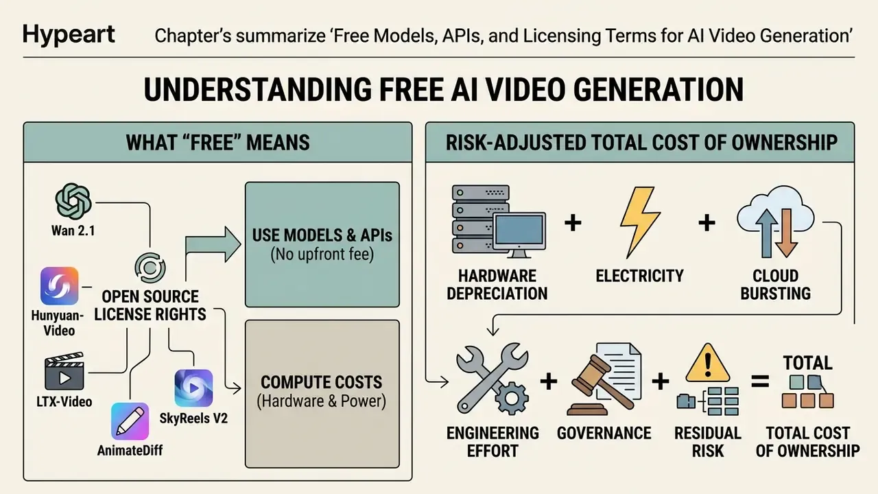 Diagram contrasting free license rights with compute and operational costs for video model deployment