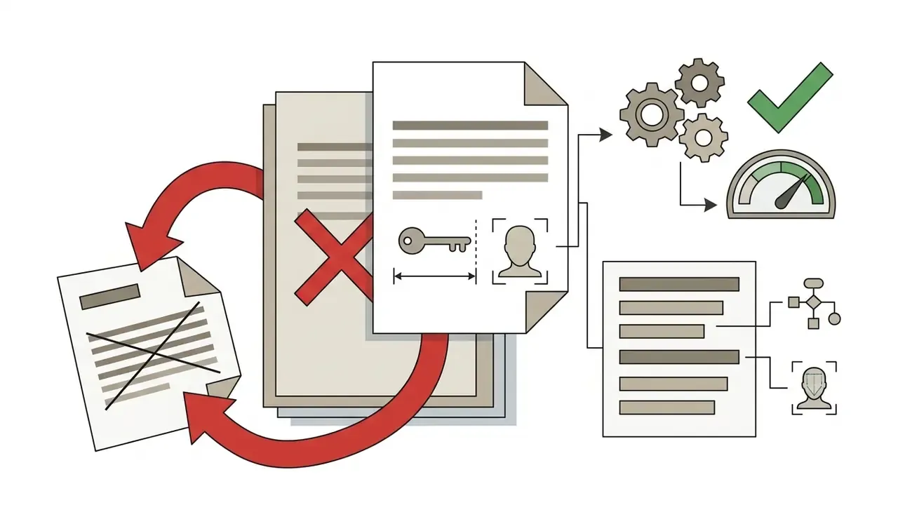 Documents being processed with facial recognition and key metrics to update standards into a refined output