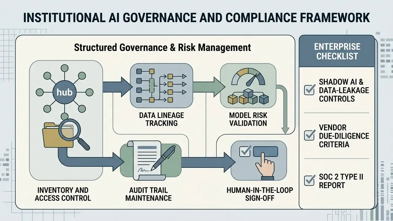 Process map showing enterprise AI governance steps including data tracking, risk validation, and audits