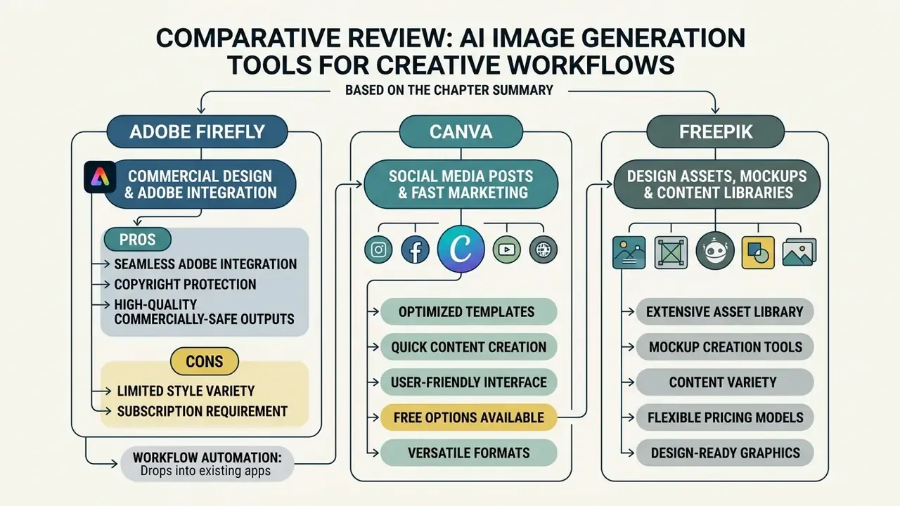 Flowchart comparing Adobe Firefly, Canva, and Freepik for professional creative workflows