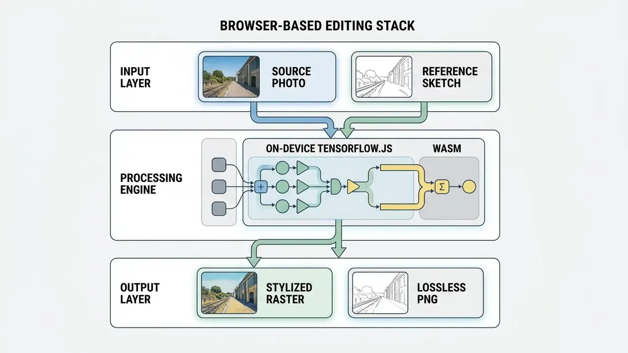 Three-layer architecture showing photo and sketch inputs processed by TensorFlow.js into output files