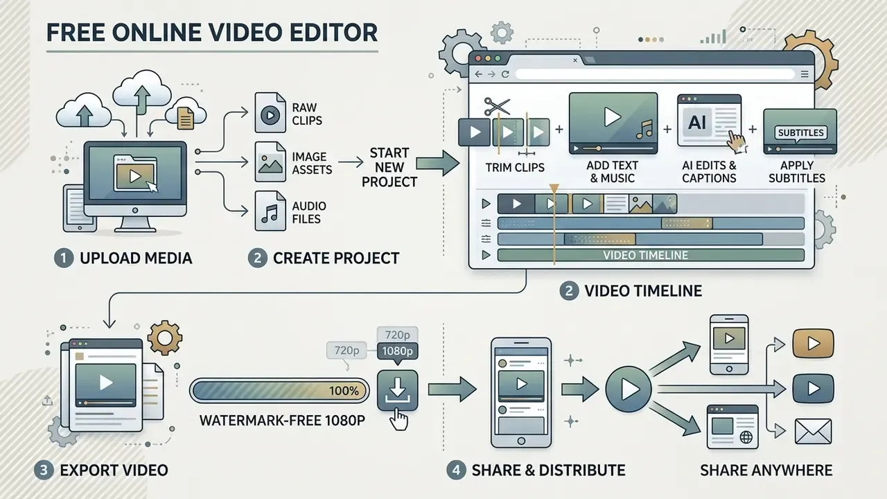 Four-step workflow infographic showing how to upload, edit, export, and share media in a video editor