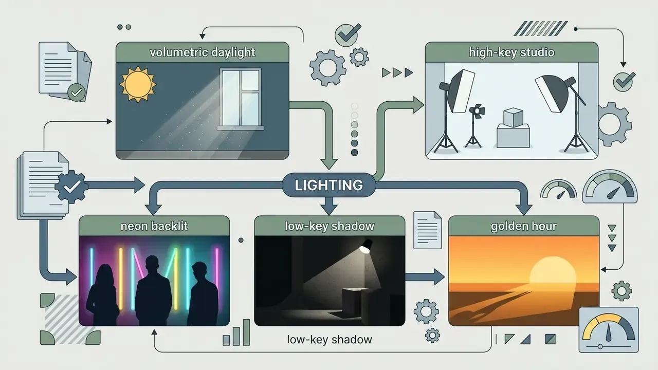 Central node connecting various lighting styles like studio, neon, and daylight to technical documents