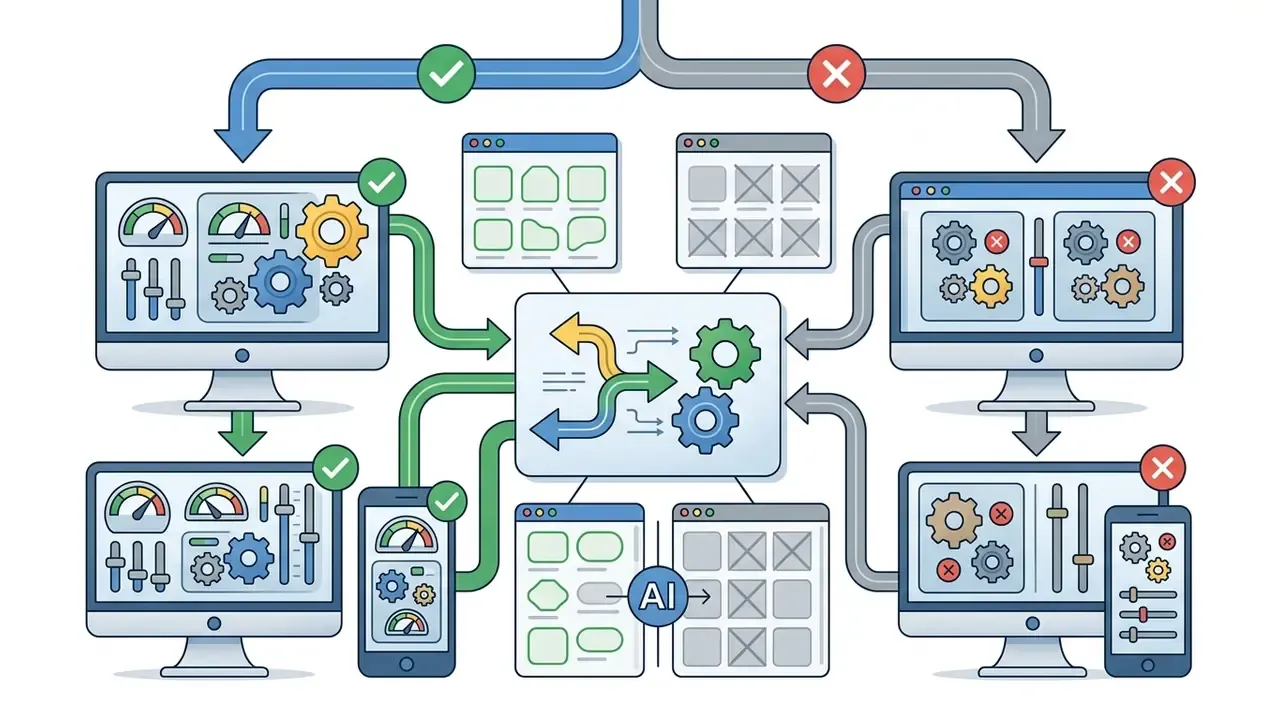 Desktop and mobile interfaces showing engine-level controls to filter AI content with checkmarks and crosses