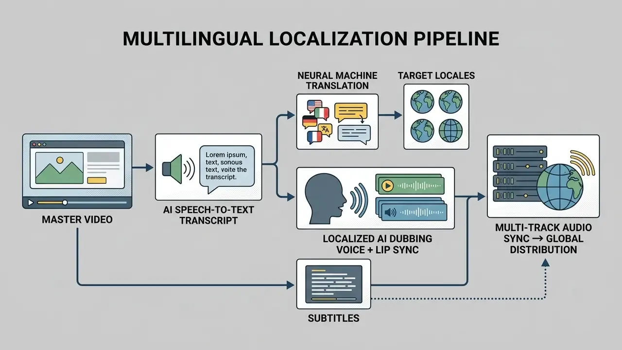 Flowchart showing video localization steps from transcription and translation to dubbing and distribution
