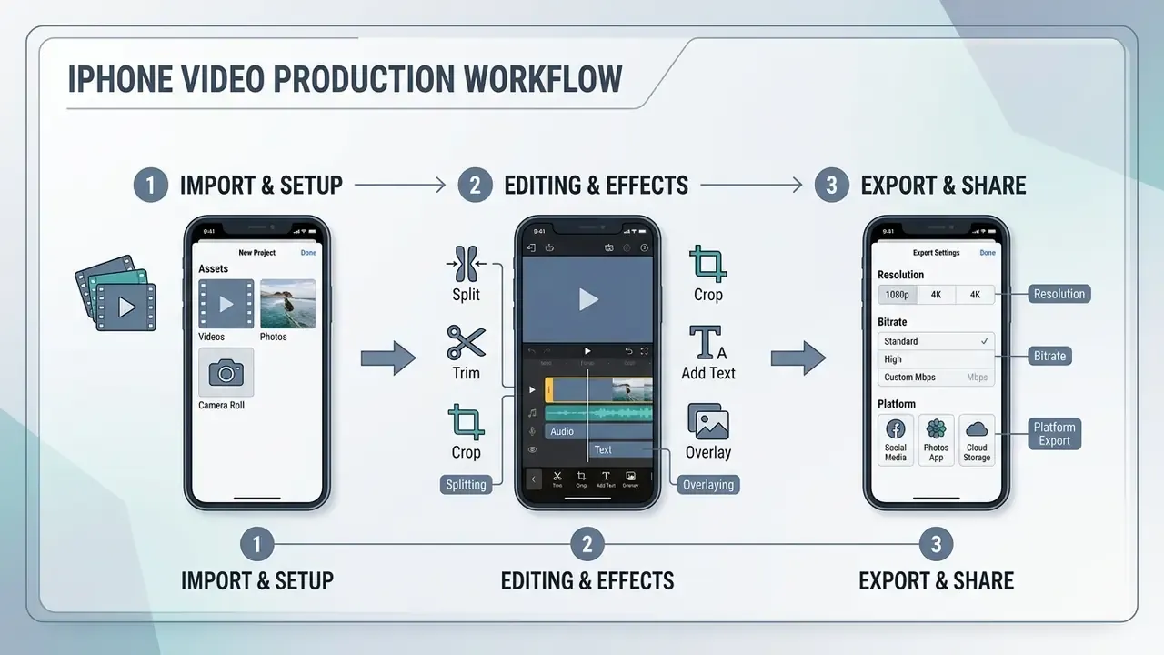 Three-step process showing media import, timeline editing tools, and final export settings on a mobile device