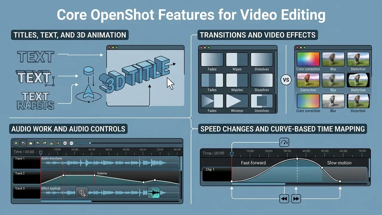 Infographic showing 3D titles, video transitions, audio mixing tracks, and speed curve time mapping