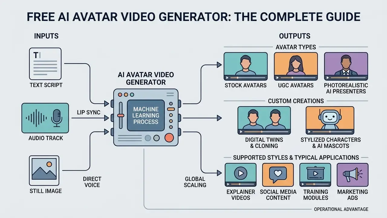 Flowchart showing inputs like text and audio being processed into various AI avatar video outputs