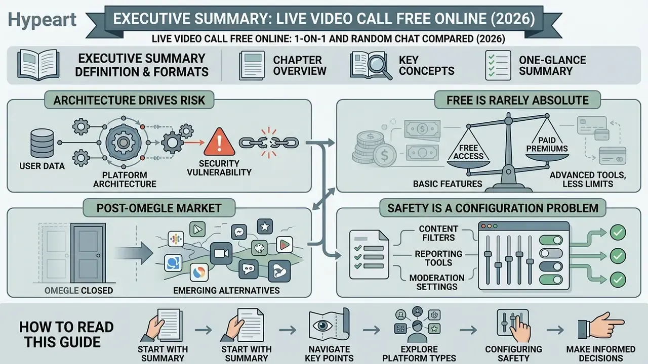 Infographic summarizing key risks, market shifts, and safety configurations for live video call free online