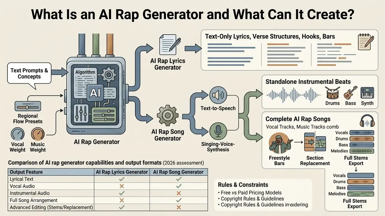 Infographic showing how an AI rap generator processes text inputs into lyrics, beats, and complete songs