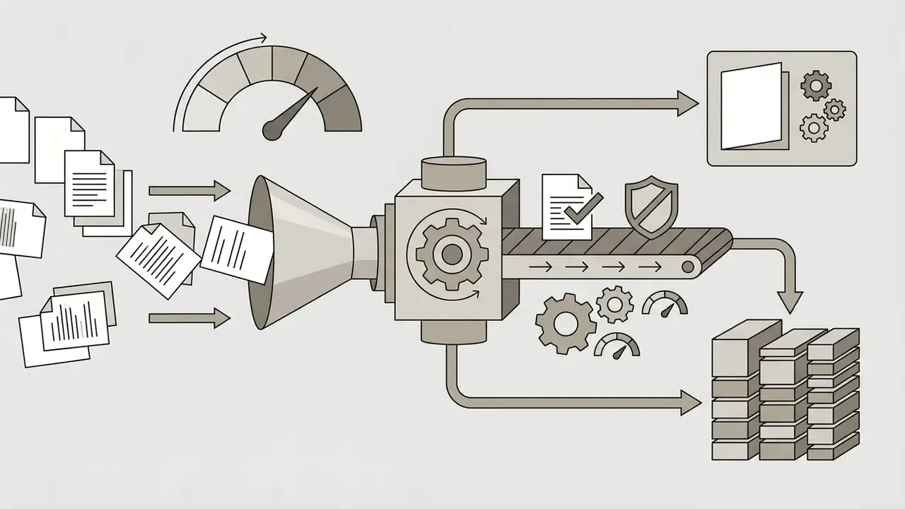 Paper documents entering a funnel and conveyor system to be processed into organized data and reports