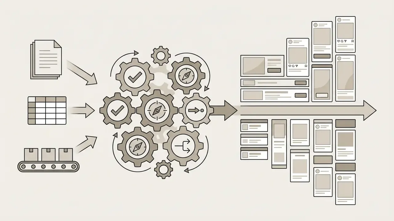 Data inputs feeding into a central gear mechanism that outputs various ad formats for content creation