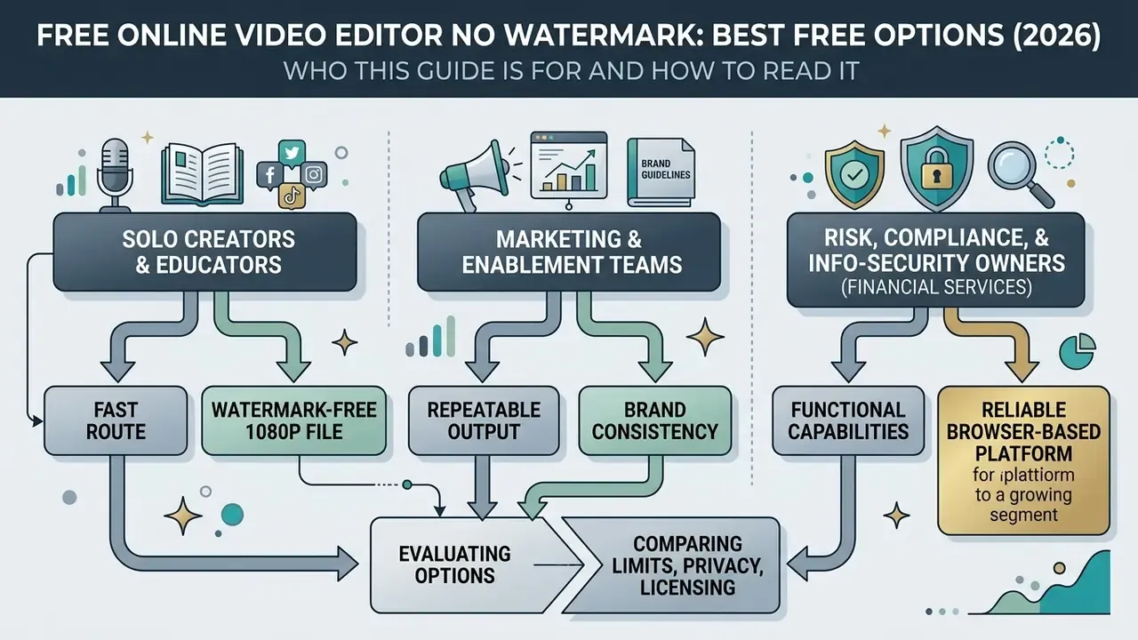 Infographic showing three target user groups and their specific needs for a browser-based video editor