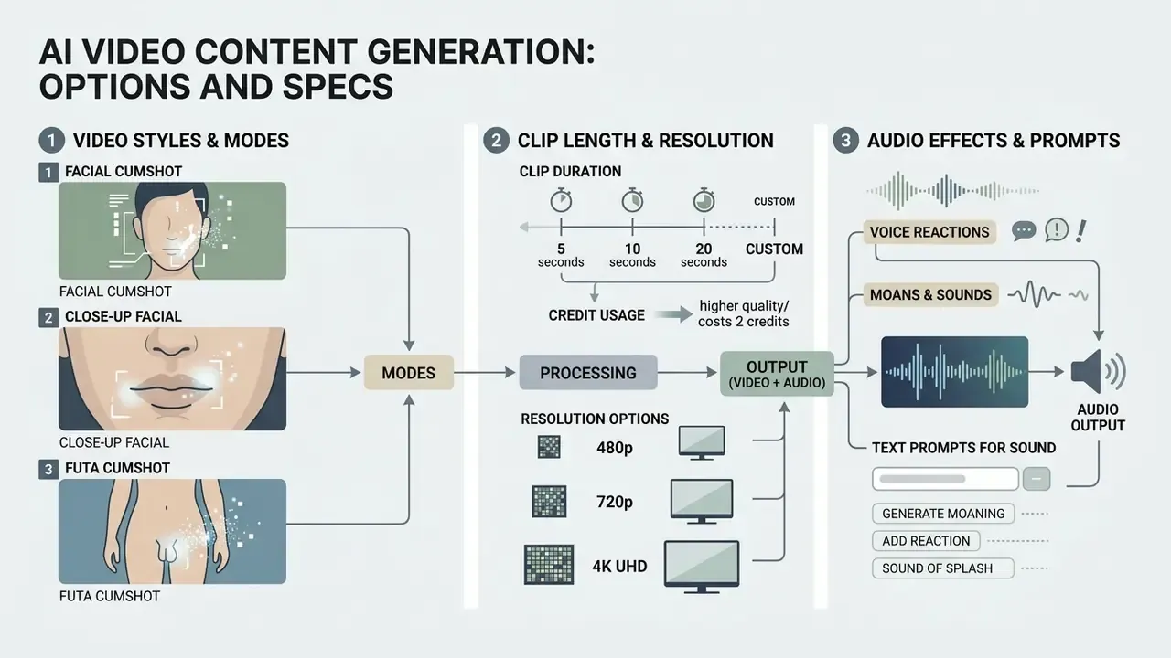 Infographic detailing video styles, duration, resolution settings, and audio effects for AI generation