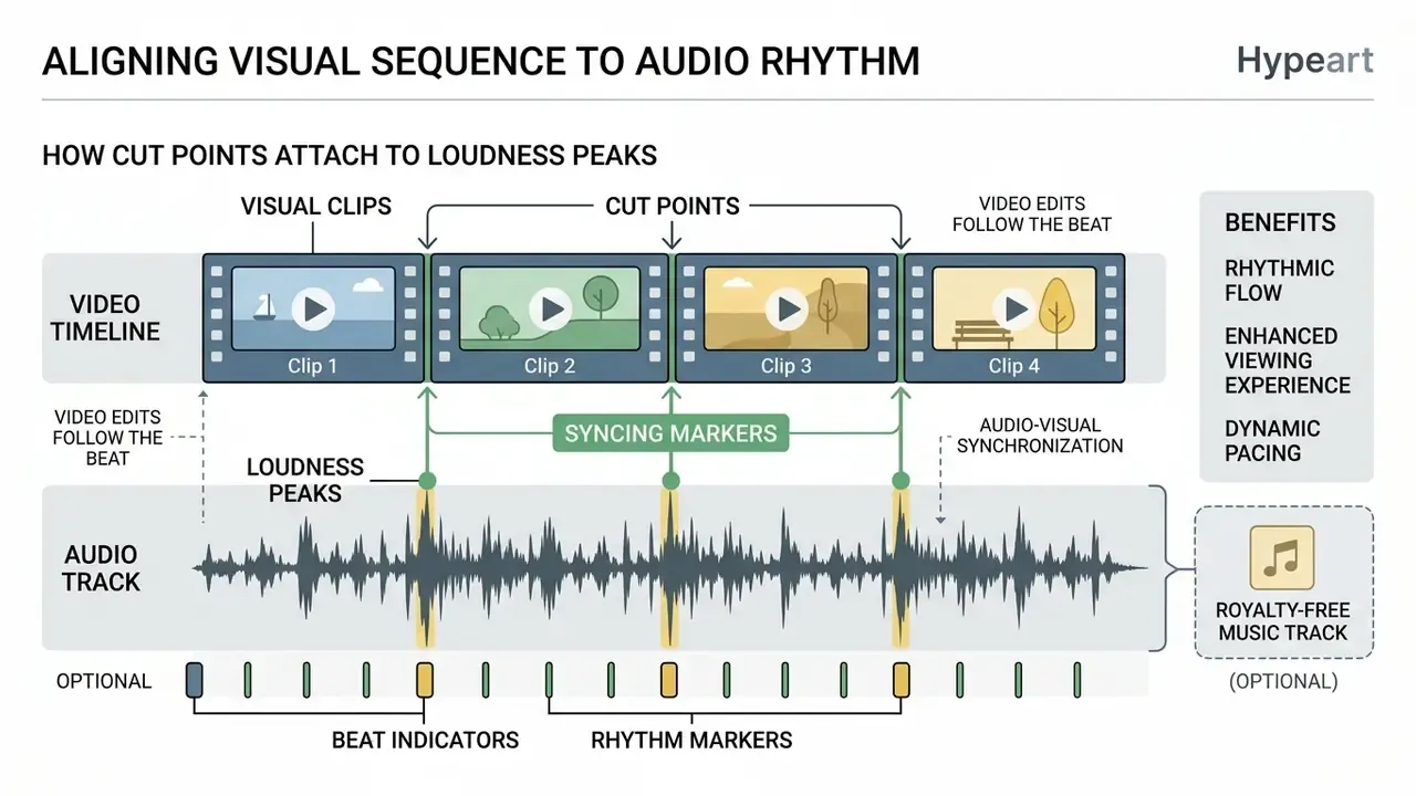 Diagram showing how video clip cut points align with loudness peaks in an audio track to match the rhythm