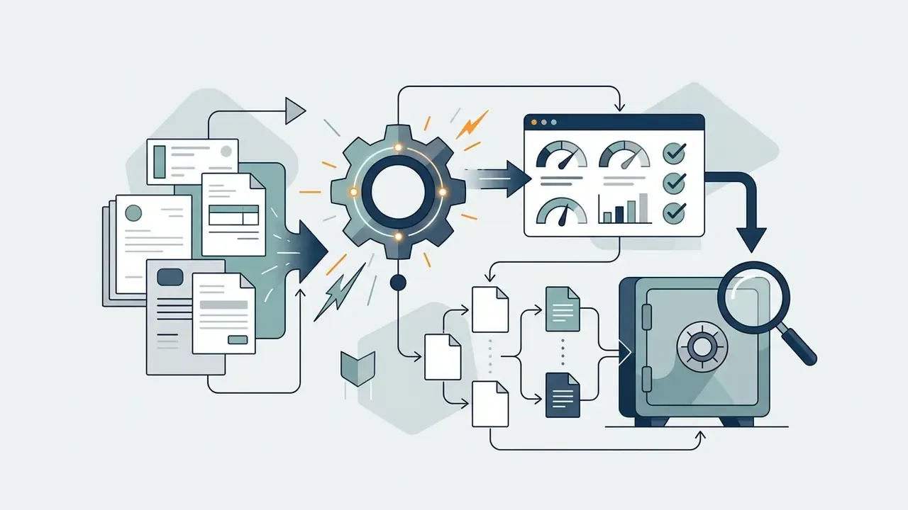 Vouchers and notes feeding into a gear processor that outputs data to a dashboard and a secure vault
