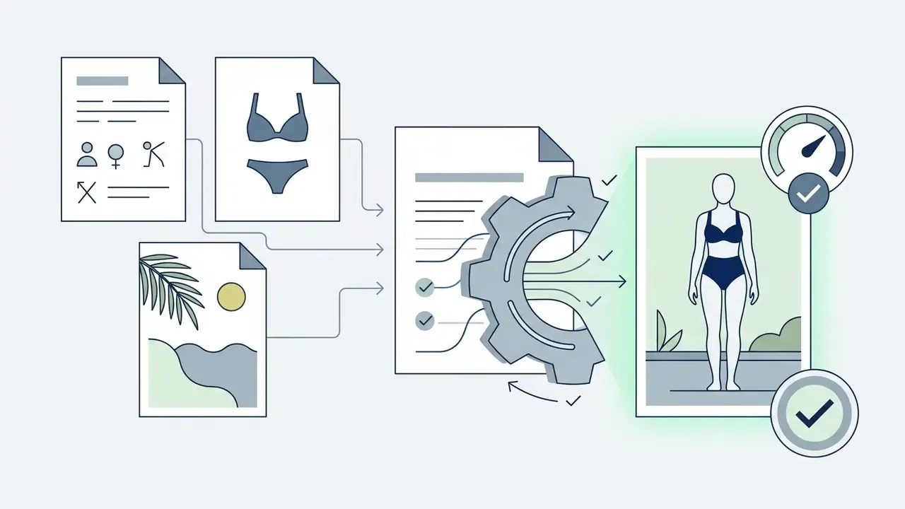 Process of combining user prompts, swimwear styles, and beach backgrounds into a generated model image