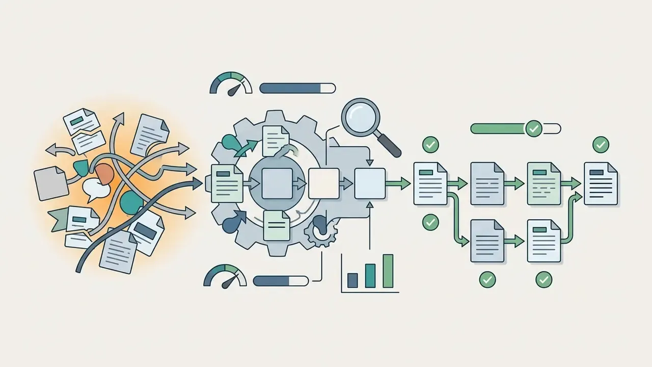 Disorganized files flowing through a central gear processor into a clean sequence of checked documents