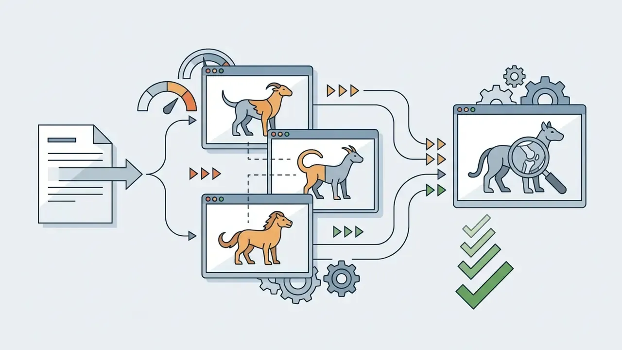 Workflow diagram showing animal hybrid generation, anatomical inspection with a magnifying glass, and validation
