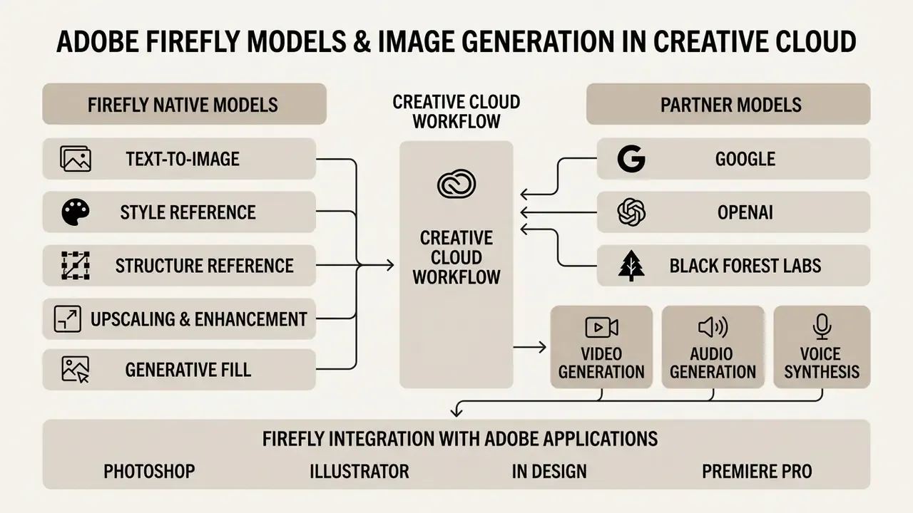 Diagram showing how native Firefly and partner models integrate into the Creative Cloud workflow