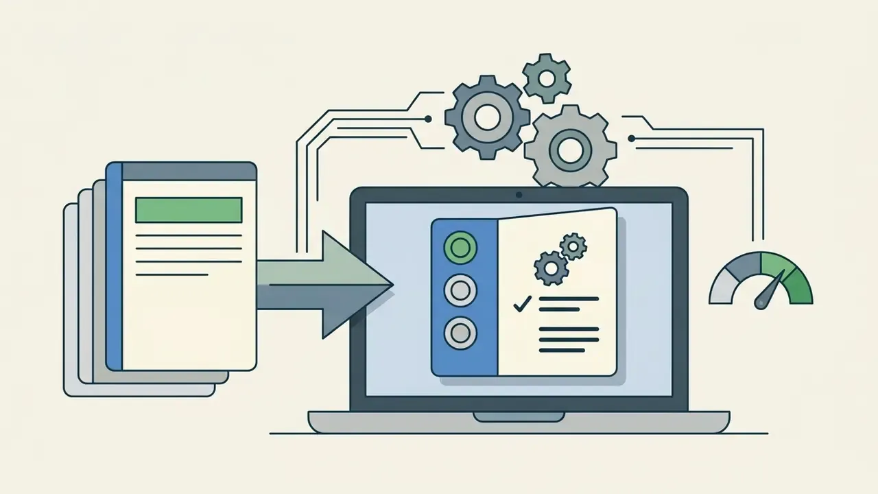 Document stack moving into a laptop screen displaying settings menus and a performance gauge