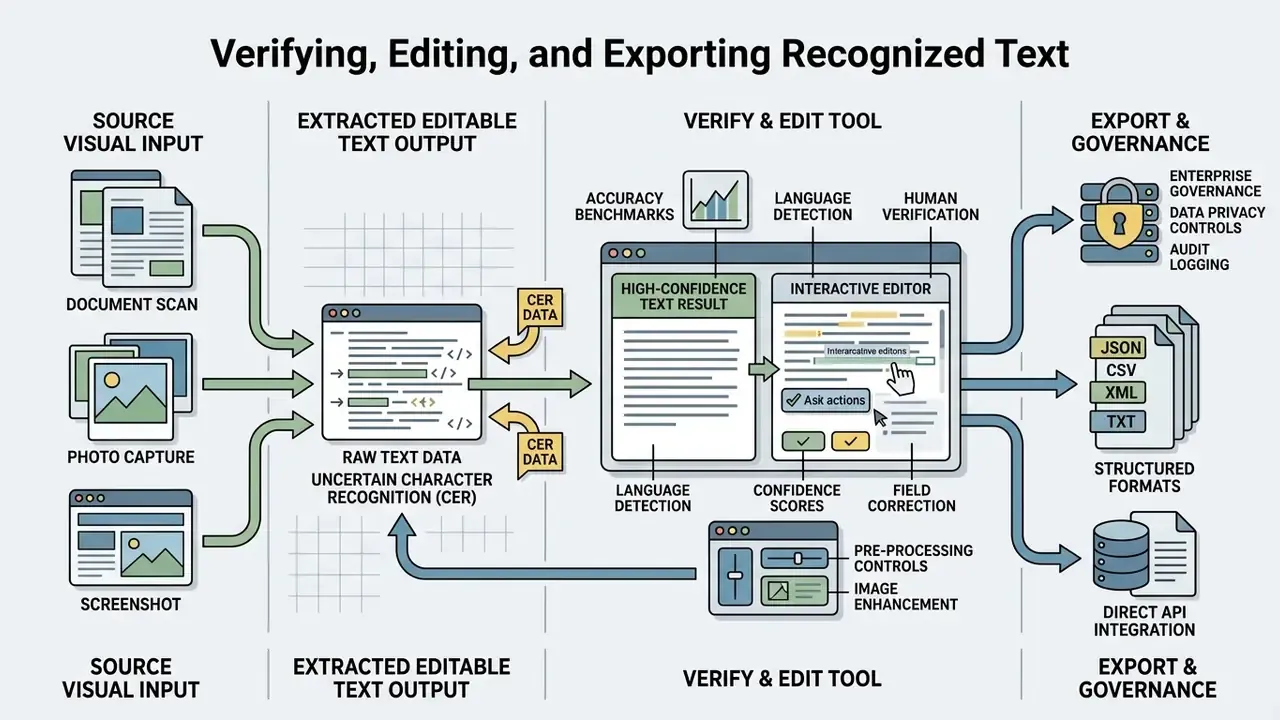 Diagram showing the transformation of visual inputs into corrected text through editing and governance tools