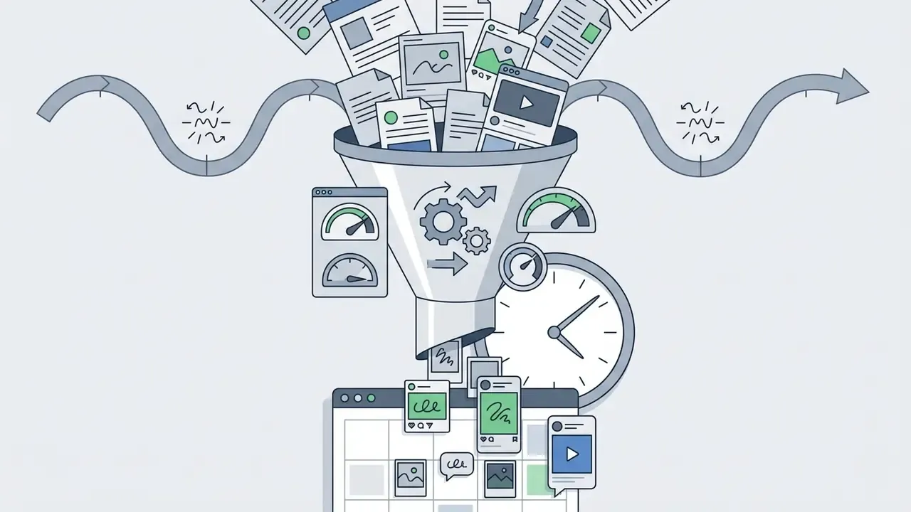 Funnel processing social media content into a structured calendar to demonstrate AI image generation speed