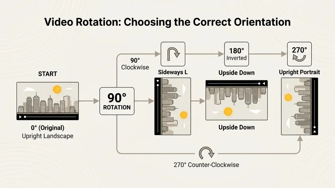 Flowchart showing how to rotate video online through 90, 180, and 270 degree orientation changes
