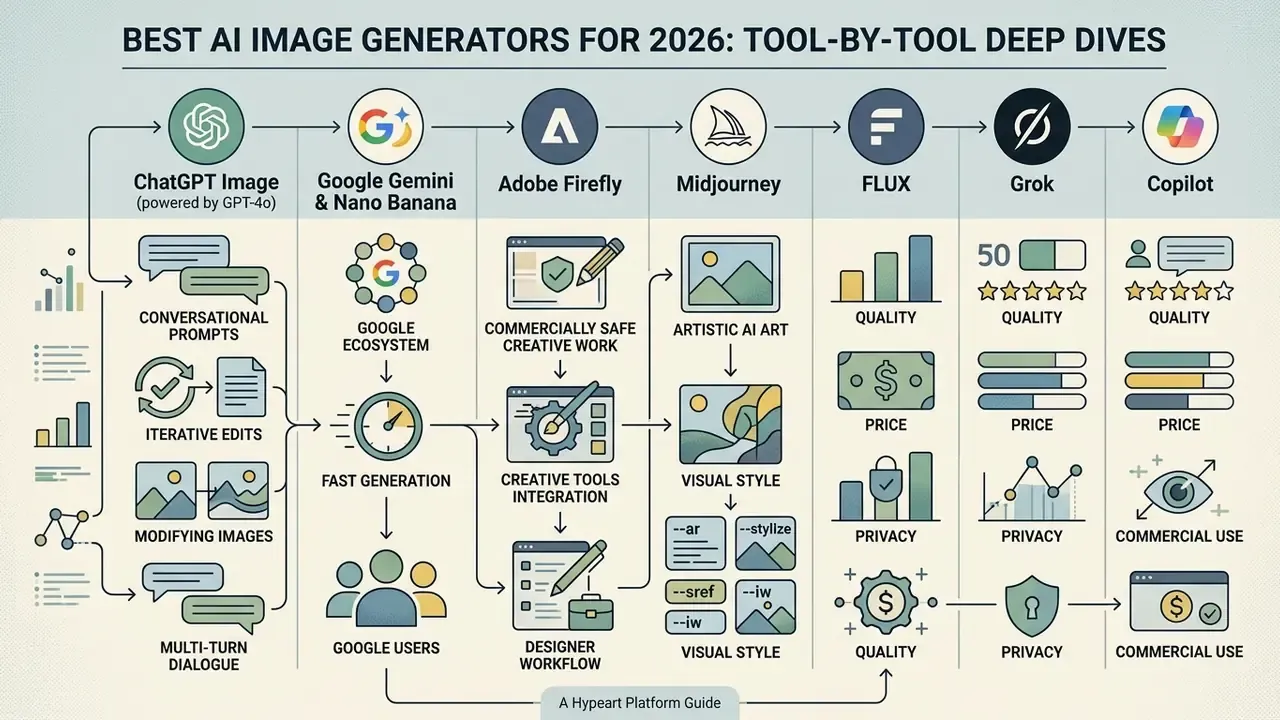 Flowchart comparing top AI image generators by their specific strengths and key functional features