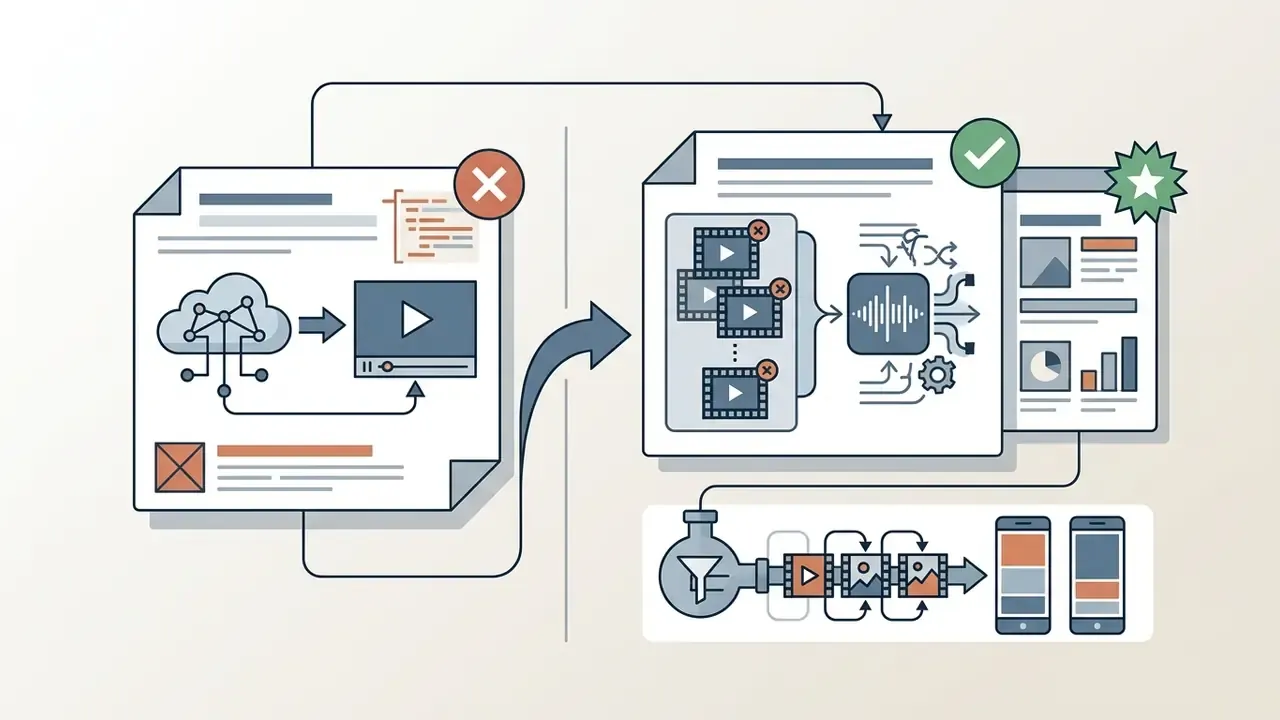 Technical schematic showing a transition from a rejected cloud-based video model to an approved audio-based pipeline
